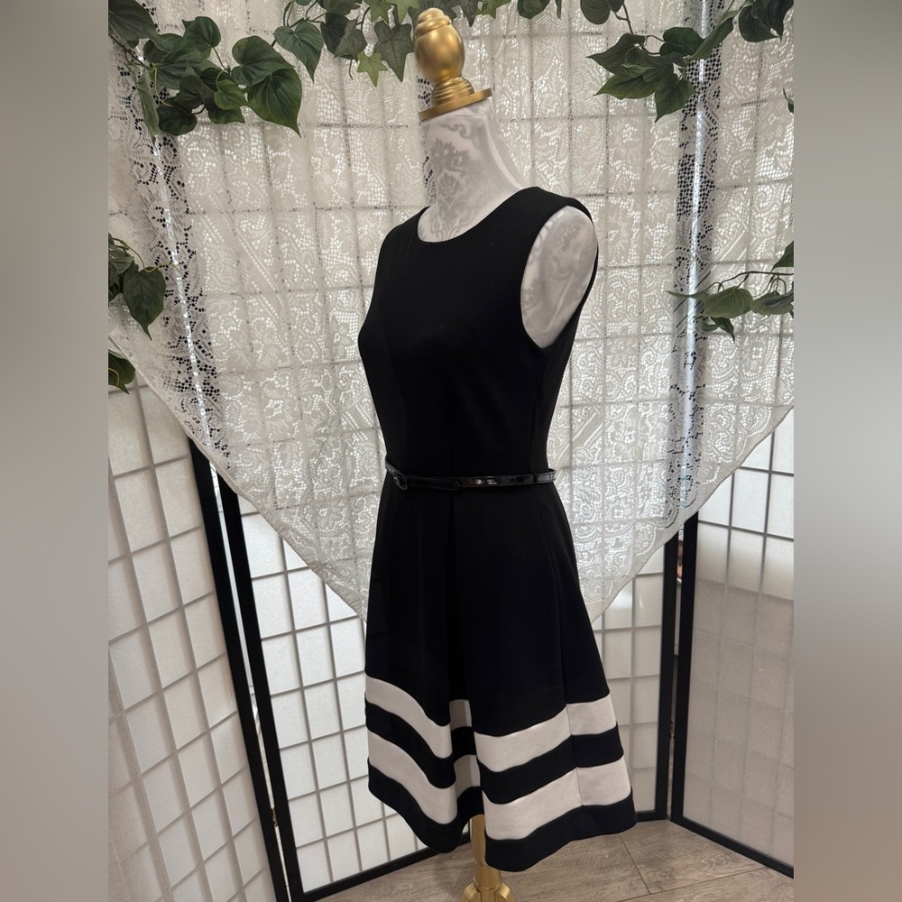 🌷SOLD🌷 Calvin Klein Black and White Fit and Flair Belted Sleeveless Dress Sz 2 - Picture 10 of 13